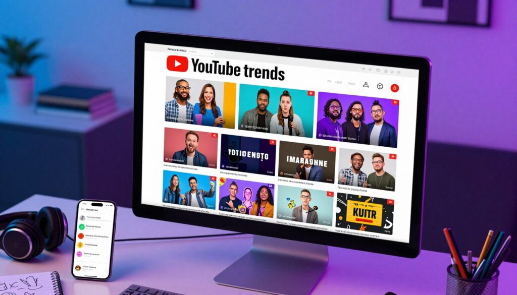 A vibrant and dynamic digital collage representing the concept of "YouTube trends." In the foreground, a stylized computer screen displays an array of colorful video thumbnails featuring diverse genres like comedy, vlogs, music, and DIY, all balanced to reflect the variety of viral content. Midground elements include a cozy workspace cluttered with headphones, a phone displaying trending hashtags, and a notebook filled with ideas, suggesting creativity and exploration. In the background, a sleek modern room with soft, diffused blue and purple lighting creates a tech-savvy atmosphere. The visual mood is energetic and inspiring, evoking a sense of curiosity and excitement about the journey of discovering viral videos. The composition is captured from a slightly elevated angle, providing depth and engaging interest without any text or branding elements.